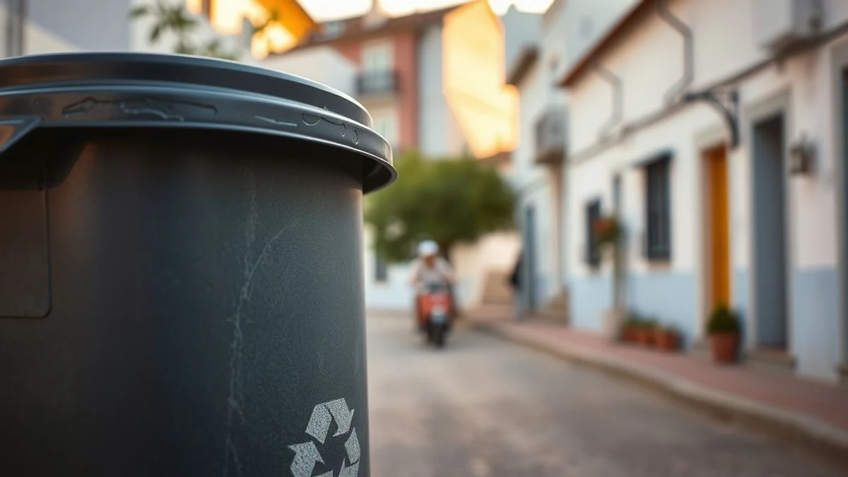 Imagen ilustrativa: un contenedor de reciclaje en una calle de un pueblo andaluz al atardecer