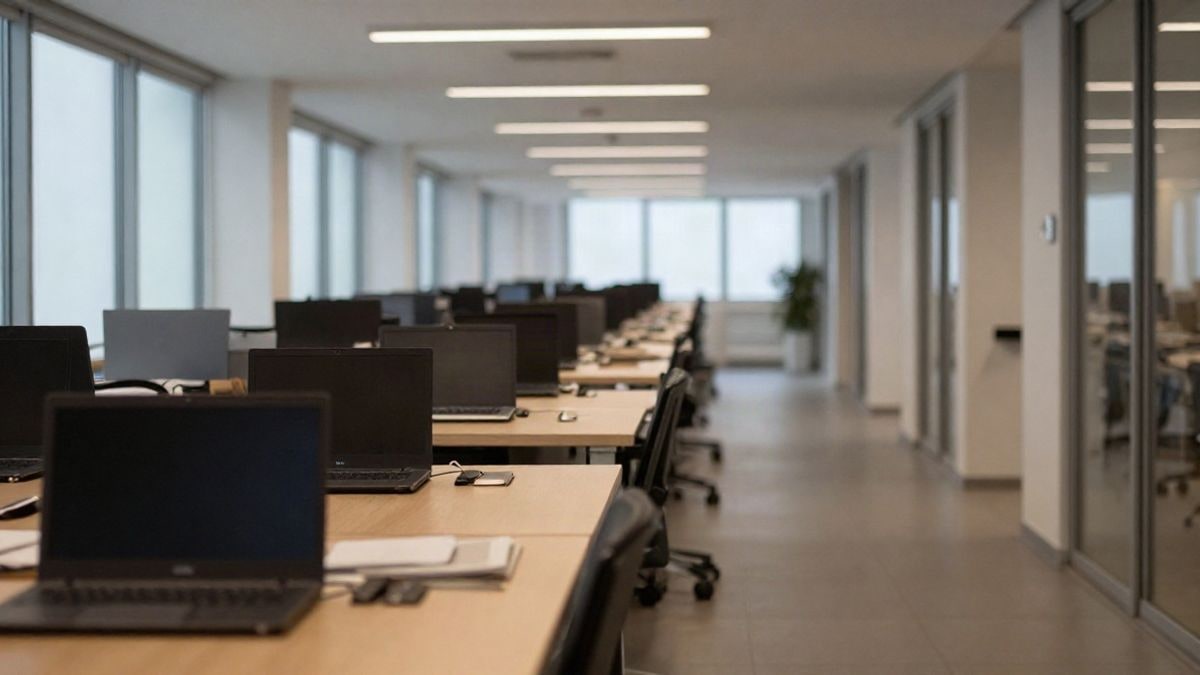 Illustrative image: modern office corridor with desks and computer equipment under natural light