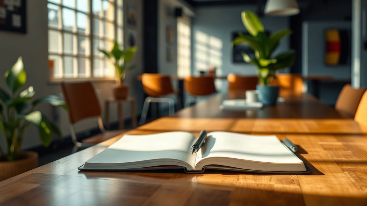 Illustrative image: detail of a wooden desk with a notebook and pen in a bright coworking space