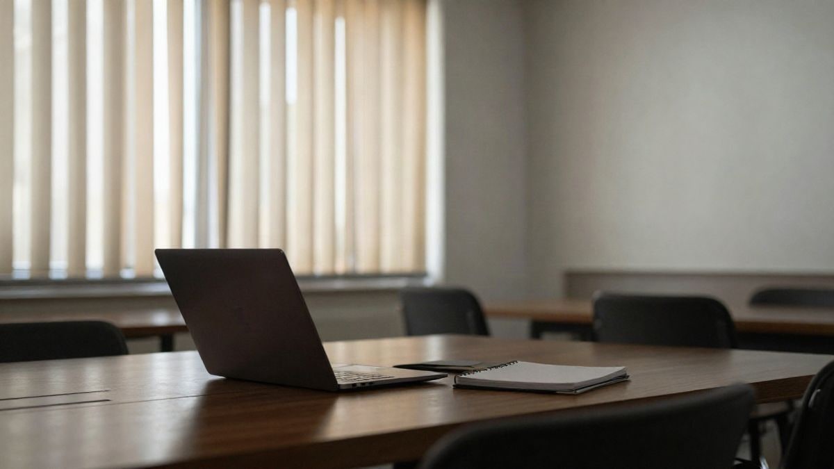 Illustrative image: interior of a meeting room with side light and a table with documentation