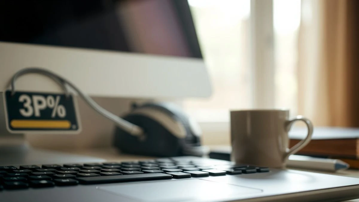 Imagen ilustrativa: una mano sosteniendo un teléfono móvil con un código temporal en la pantalla, fondo desenfocado de un teclado y una taza de café.