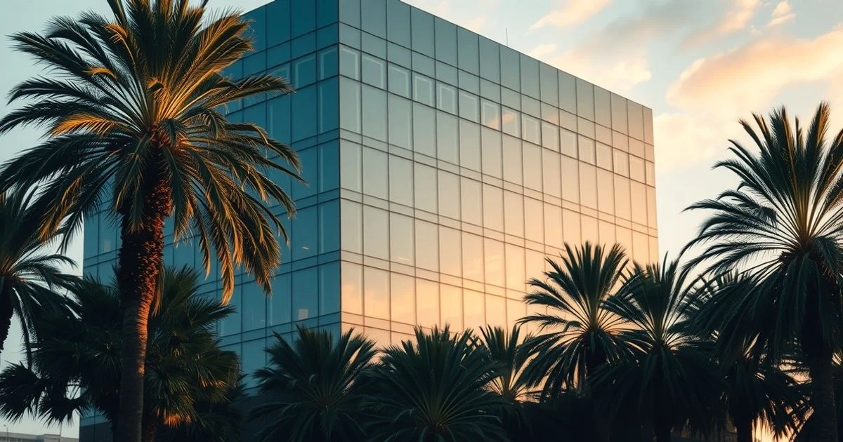 Edificio de oficinas moderno en Marbella con fachada de cristal y palmeras al atardecer