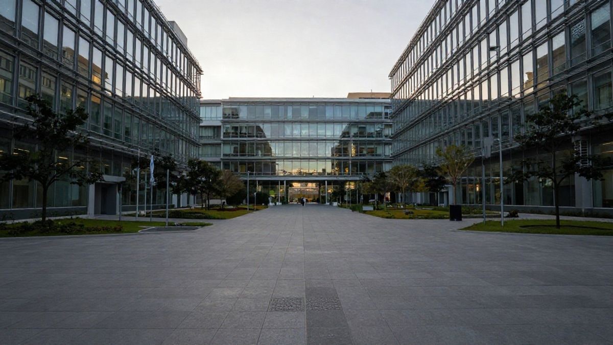 Imagen ilustrativa: patio amplio de un complejo corporativo moderno con edificios acristalados y zonas verdes