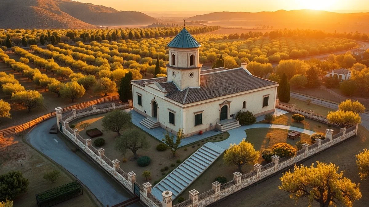 Imagen ilustrativa: vista aérea de una hacienda andaluza restaurada con torreón y olivos al atardecer