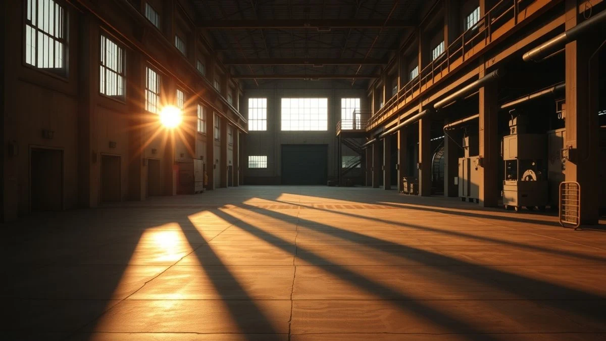 Imagen ilustrativa: naves industriales vacías al atardecer, con sombras largas y luz natural dramática.