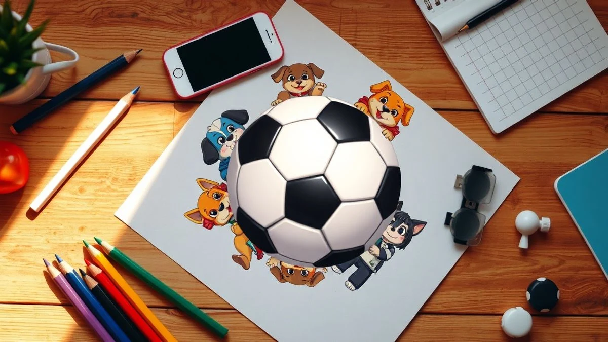 Vista cenital de un balón de fútbol rodeado de dibujos de perros y Pikachu en estilo anime, con lápices de colores y un móvil.