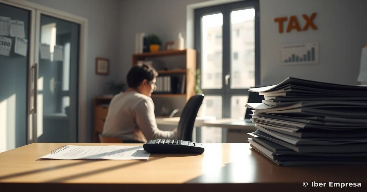 Interior de una oficina tributaria con calculadora y documentos sobre la mesa