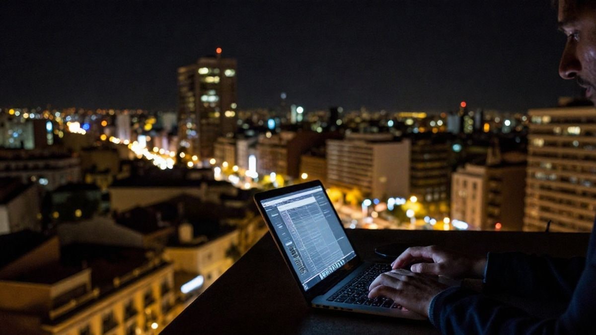 Imagen ilustrativa: escena nocturna de una ciudad iluminada con luces de neón, reflejando el tema de la ciberseguridad y la tecnología