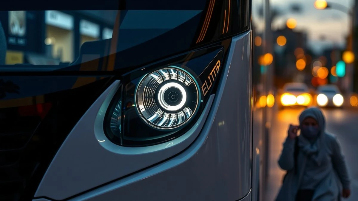 Primer plano del faro y la parrilla de un autobús eléctrico moderno, con reflejos de luces urbanas al atardecer