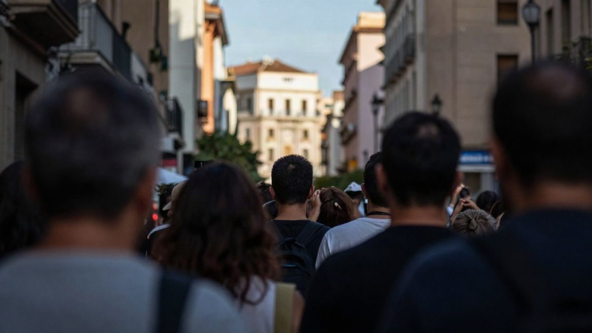 Imagen ilustrativa: vista amplia de una plaza pública con tiendas de campaña y una multitud reunida pacíficamente, con arquitectura urbana al fondo.