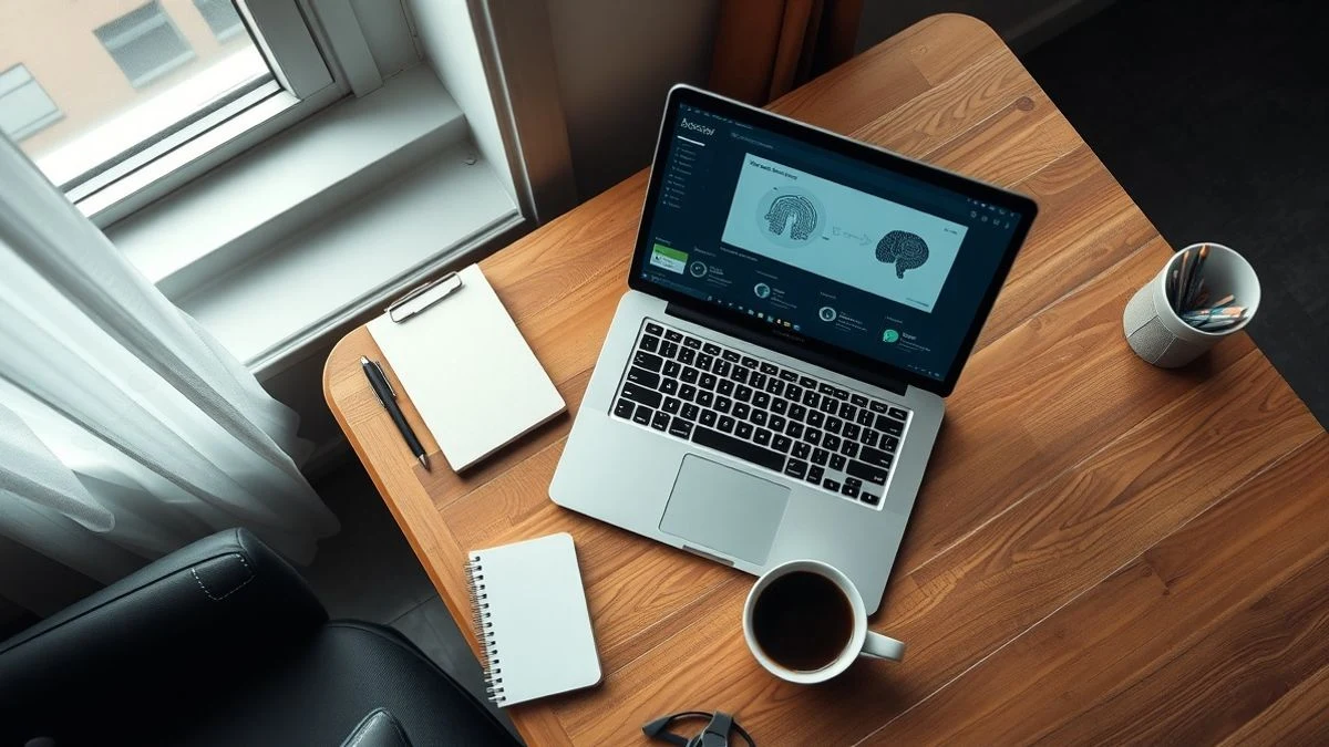 Imagen ilustrativa: vista cenital de un escritorio con un ordenador portátil que muestra un panel con iconos de inteligencia artificial, una libreta y una taza de café.