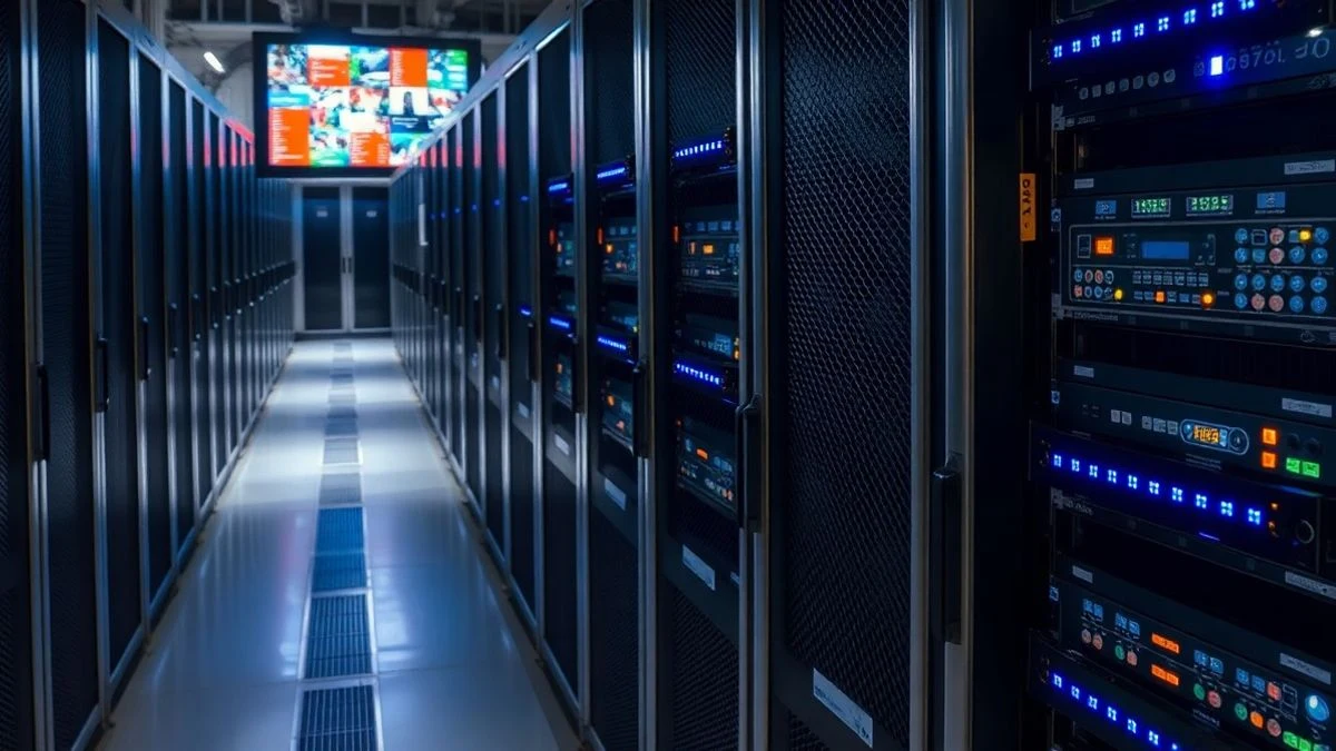 Servidores iluminados con luces LED azules y un monitor con código en primer plano