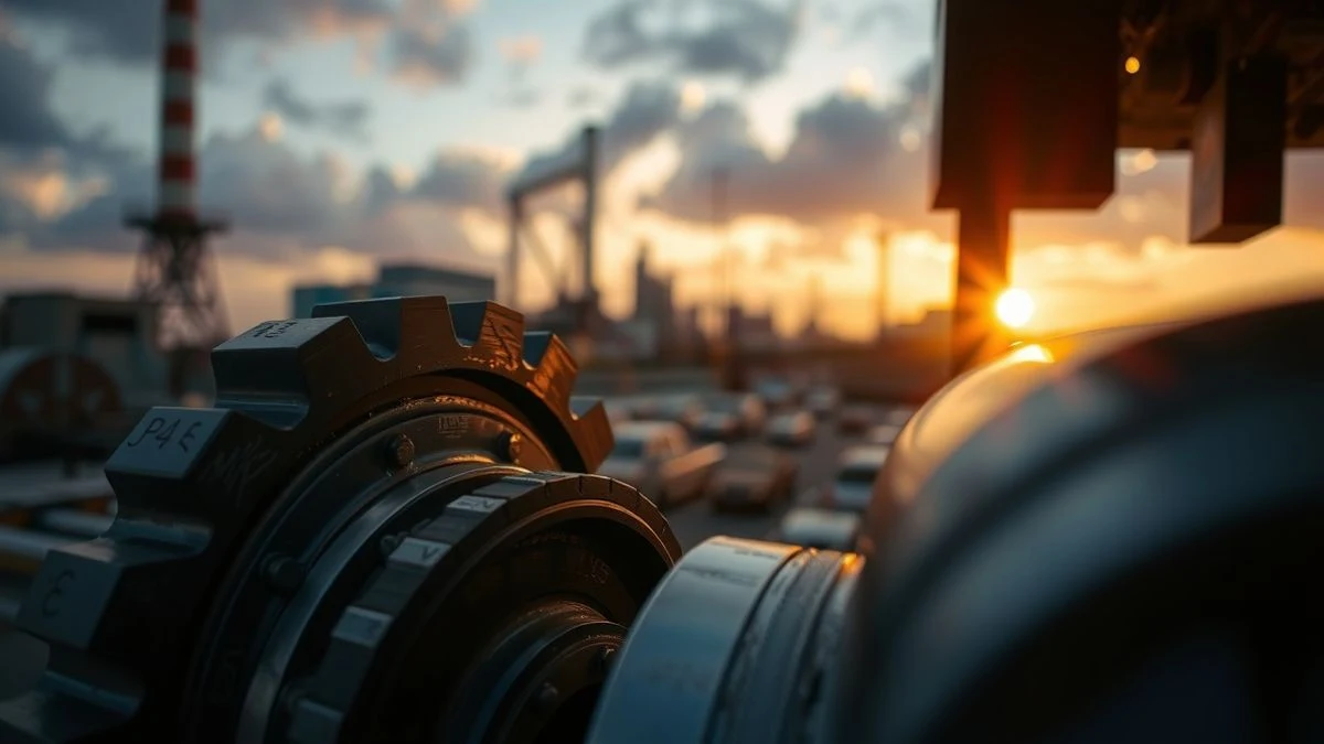 Imagen ilustrativa: primer plano de un engranaje metálico sobre fondo de horizonte industrial al atardecer