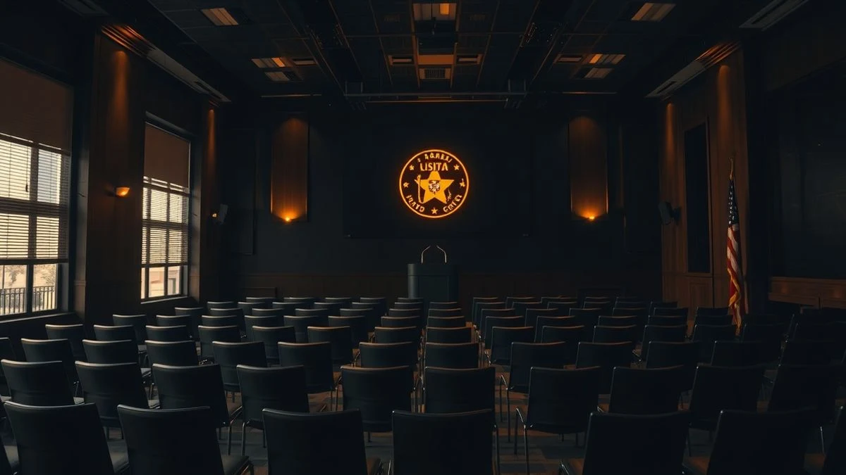 Sala de reuniones vacía del PSOE con sillas y un atril, iluminada por luz de neón nocturna