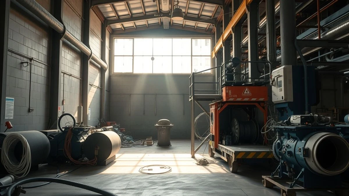 Interior de una planta de reciclaje con cintas transportadoras y residuos electrónicos apilados