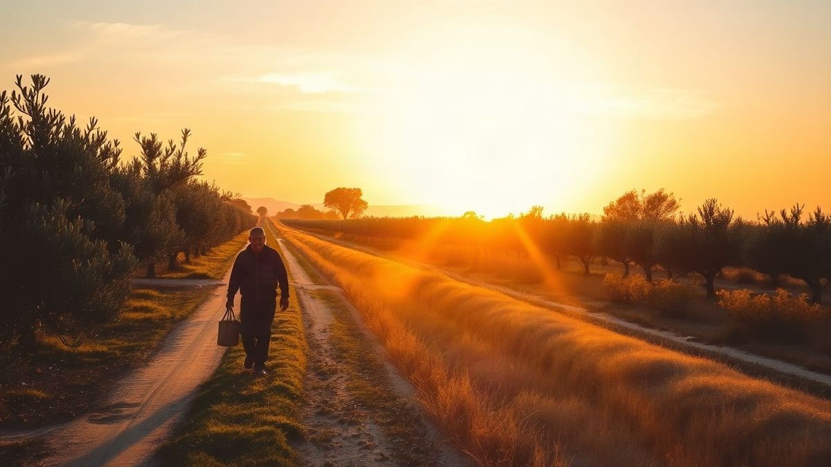 Illustrative image: Andalusian rural landscape at sunset with a dirt path among olive groves