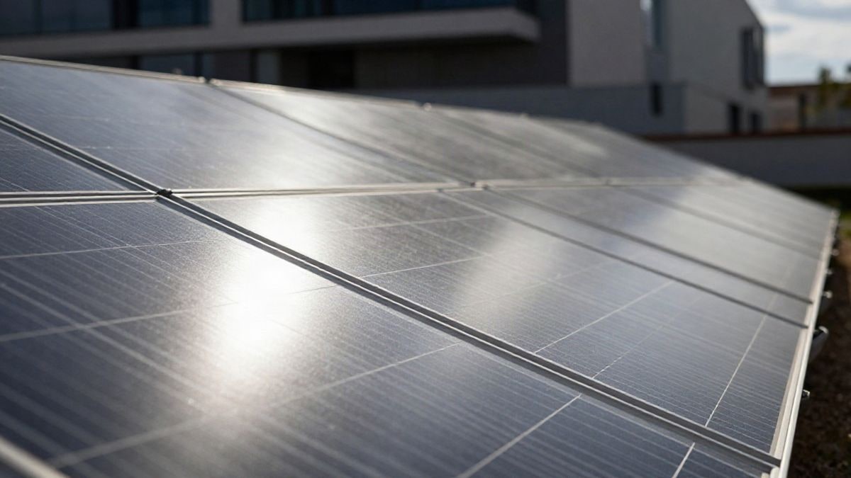 Imagen ilustrativa: paneles solares reflejando luz solar, con fondo desenfocado de un edificio moderno