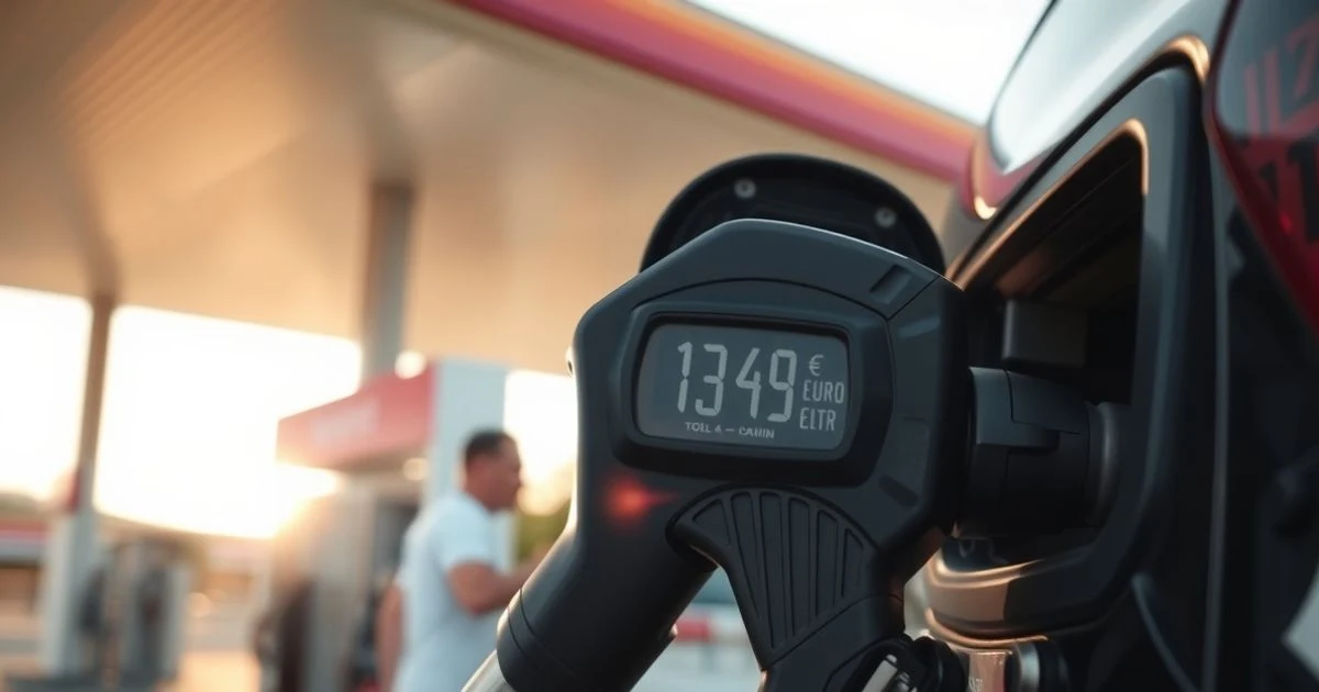Surtidor de gasolina con el precio 1,349 euros por litro en primer plano, fondo de gasolinera desenfocado