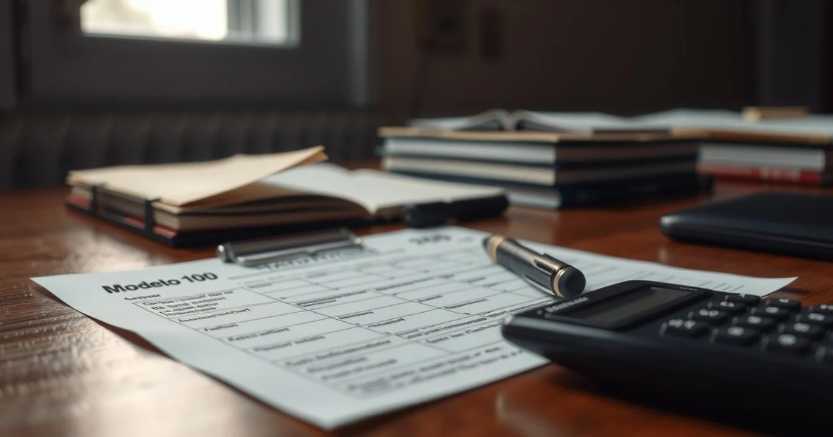 Formulario de IRPF sobre una mesa con bolígrafo y calculadora