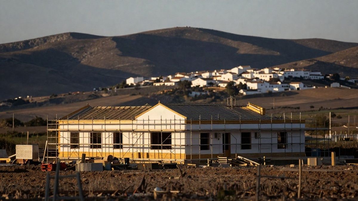 Illustrative image: a rustic plot with a house under construction and hills in the background