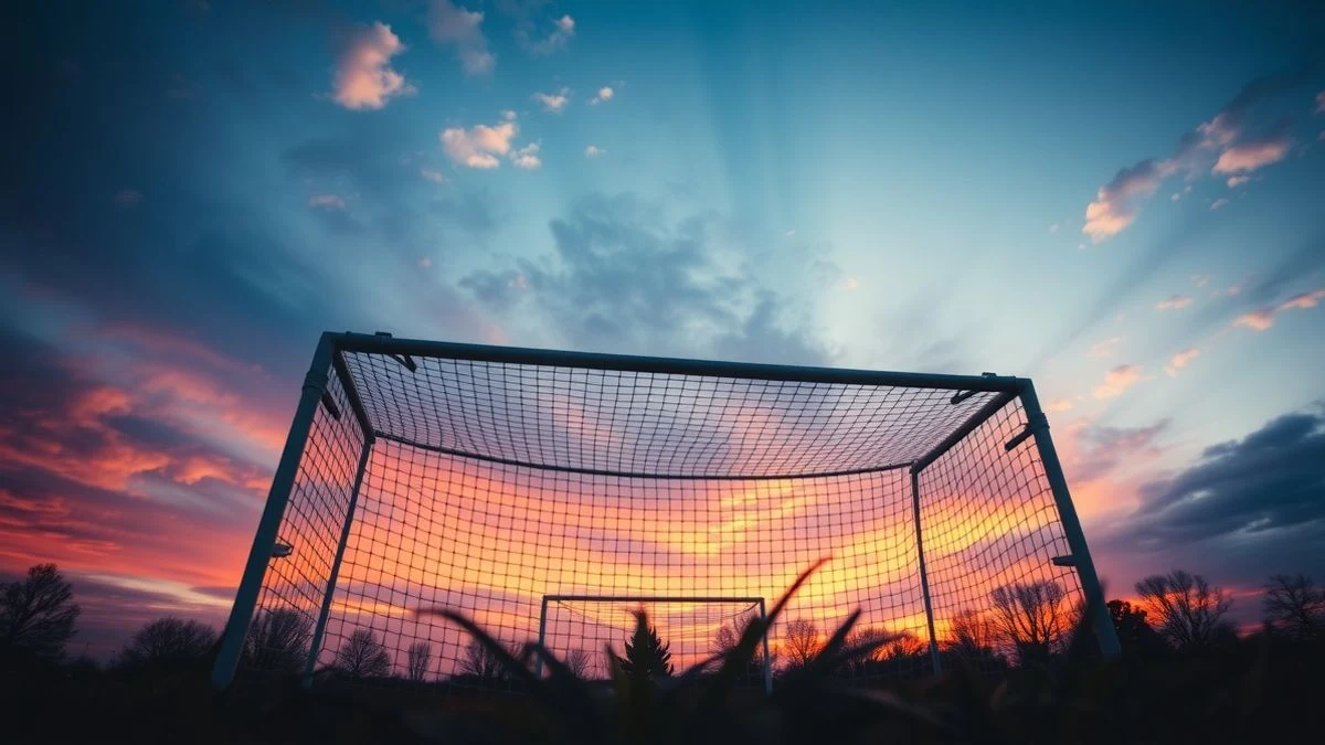 Imagen ilustrativa: una portería de fútbol vacía vista desde un ángulo bajo con el cielo de fondo al atardecer