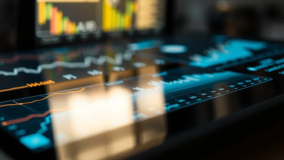 Primer plano de una tableta con un panel financiero y flujos de datos de IA