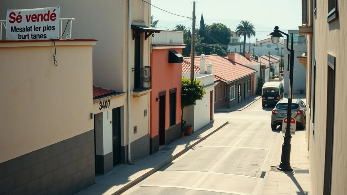 Imagen ilustrativa: una calle residencial canaria con un cartel de 'Se Vende' en un balcón, luz de atardecer.