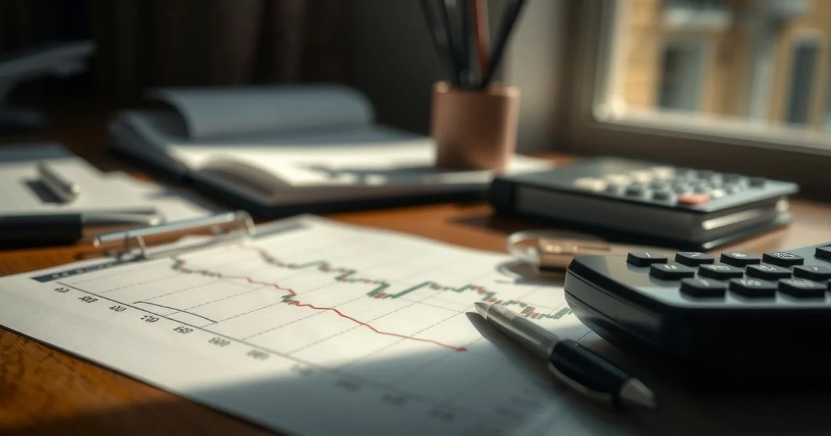 Gráfico financiero con líneas planas sobre un escritorio con calculadora y bolígrafo