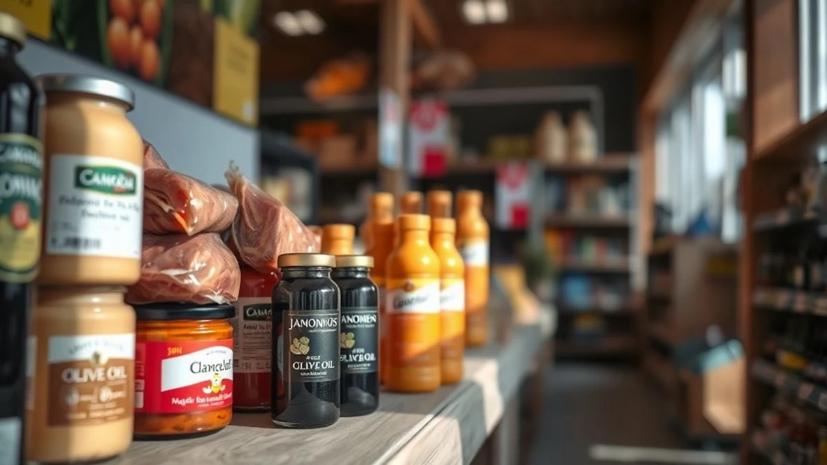 Estante de madera con tarros de jamón y aceite de oliva en un supermercado, luz cálida de tarde