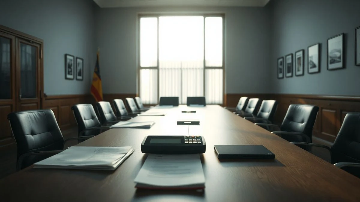 Imagen ilustrativa: interior de un ayuntamiento con mesa de reuniones y documentos, iluminado por luz lateral de ventana