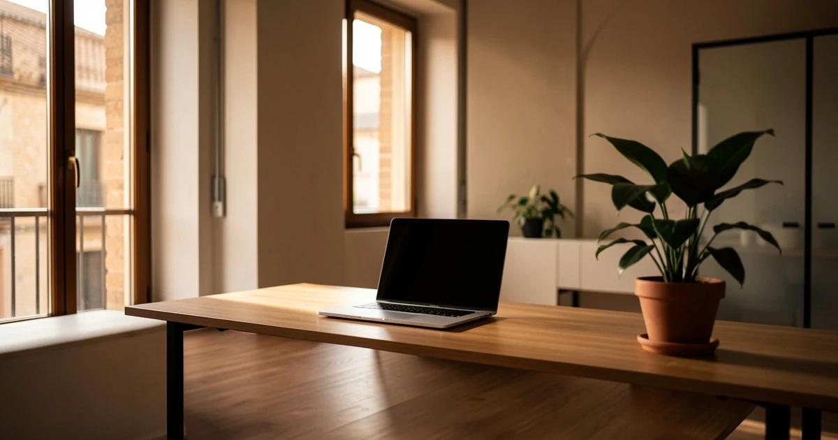 Interior de una oficina con escritorio vacío, ordenador portátil y planta, luz natural