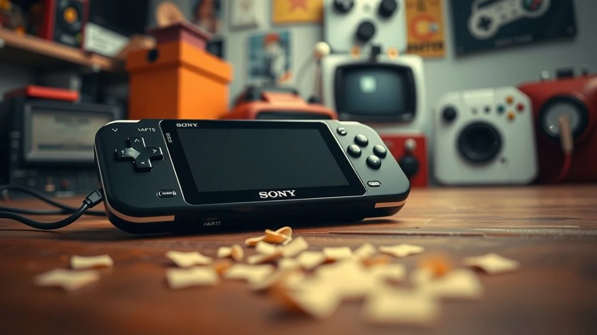 Imagen ilustrativa: una consola PSP vintage sobre una mesa de madera, con un juego de disparos en primera persona en la pantalla, iluminación natural dramática.