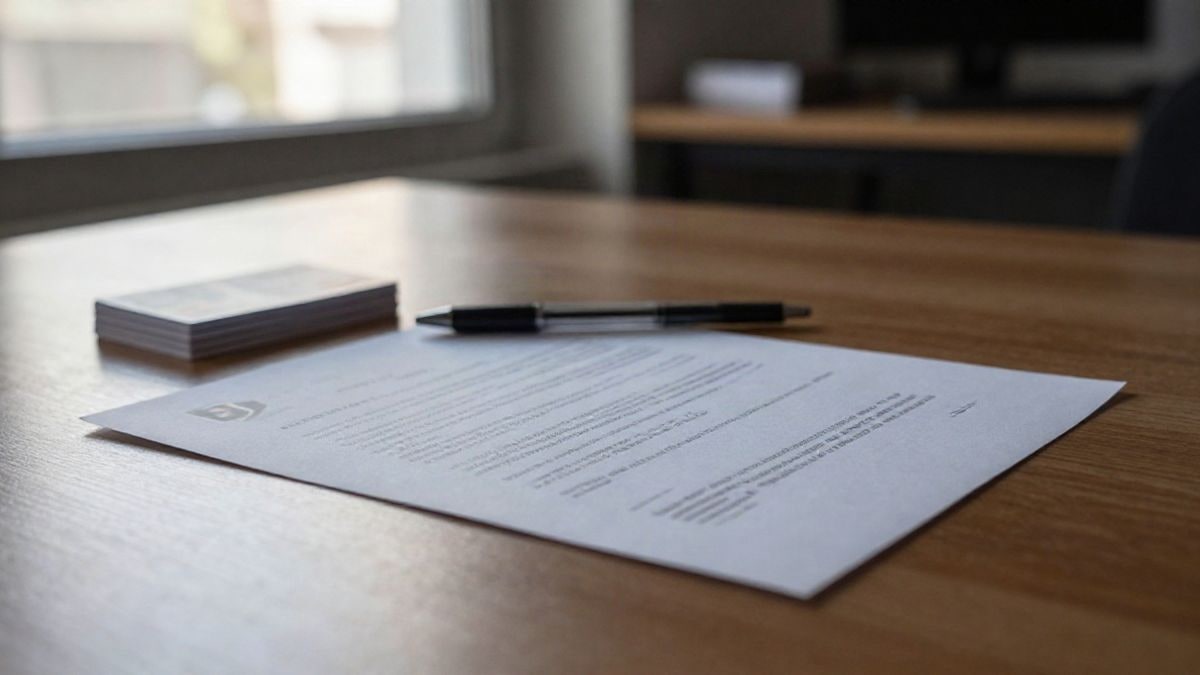 Illustrative image: detail of a wooden desk with a signed document and a pen