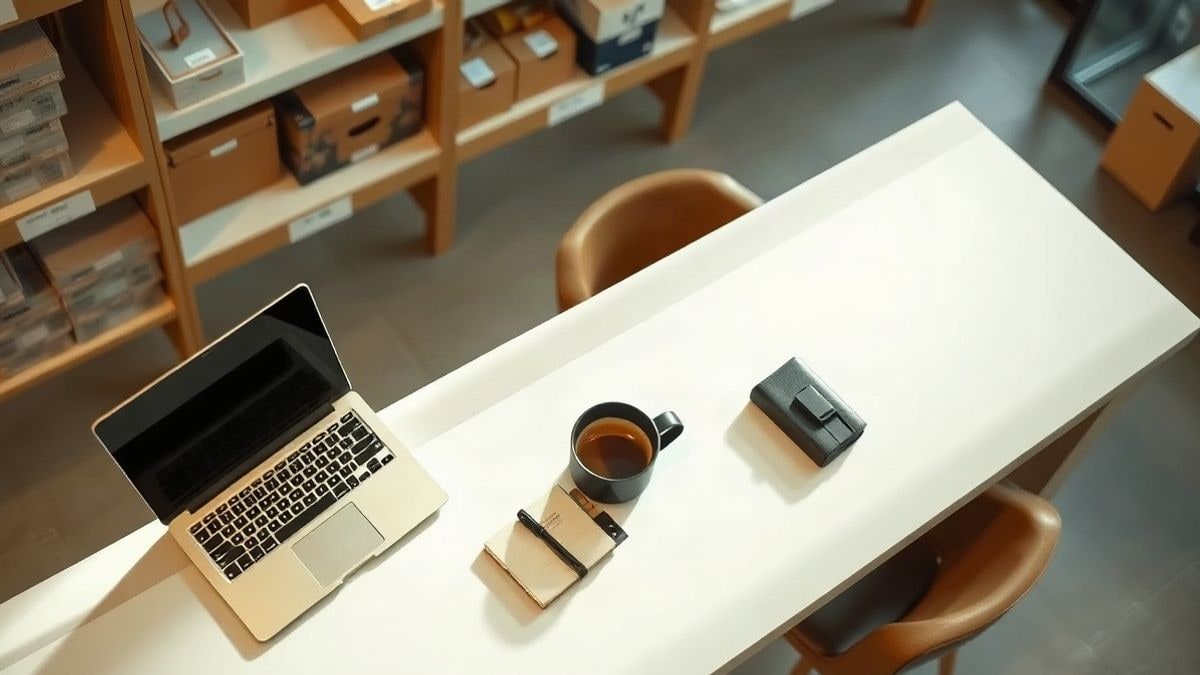 Imagen ilustrativa: vista cenital de un mostrador de comercio con un portátil y un cuaderno