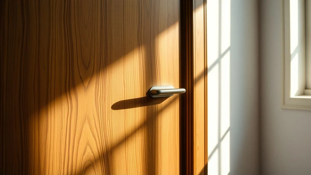 Puerta de madera con grano visible y tirador elegante sobre fondo blanco minimalista