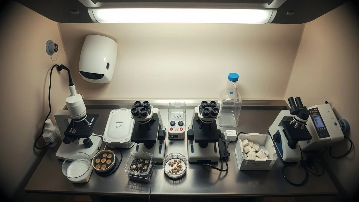 Vista cenital de una mesa de laboratorio con microscopios y placas de Petri en una sala de simulación clínica