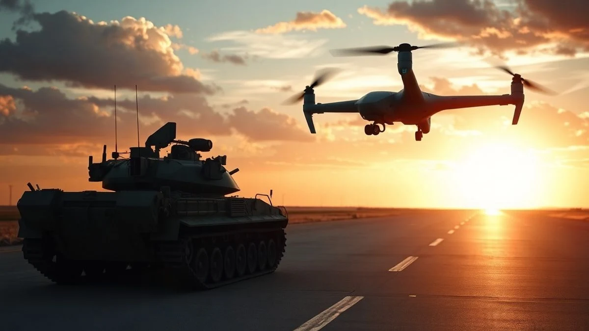 Campo de pruebas militares vacío con un tanque y un dron en una pista al atardecer