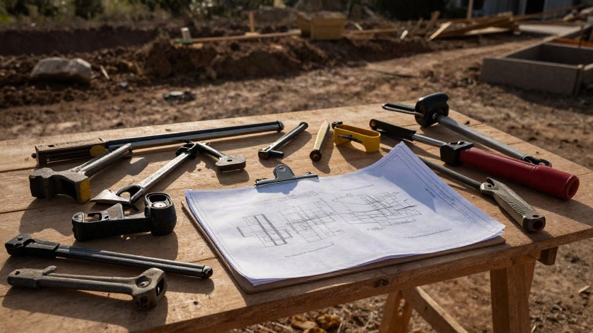Illustrative image: aerial view of a table with plans and construction tools in a rural setting