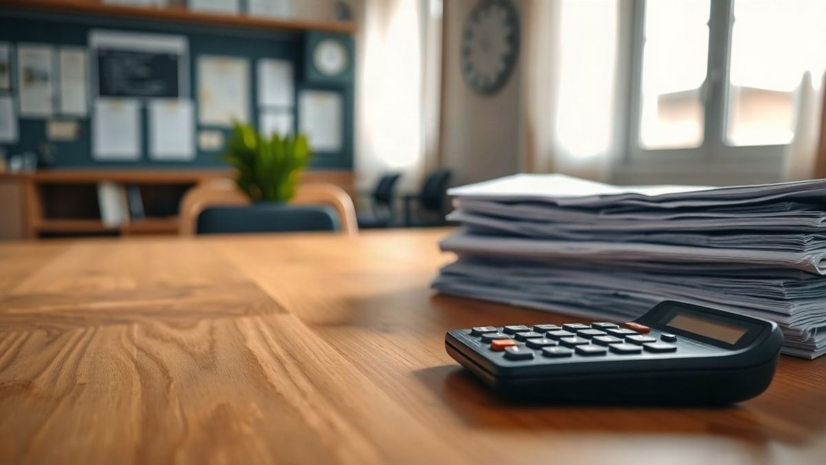 Imagen ilustrativa: documentos y calculadora sobre una mesa de despacho con luz natural