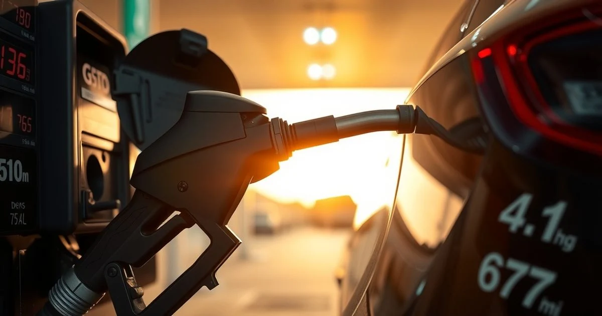 Primer plano de una boquilla de surtidor en el depósito de un coche, al atardecer, con el marcador de precio borroso.