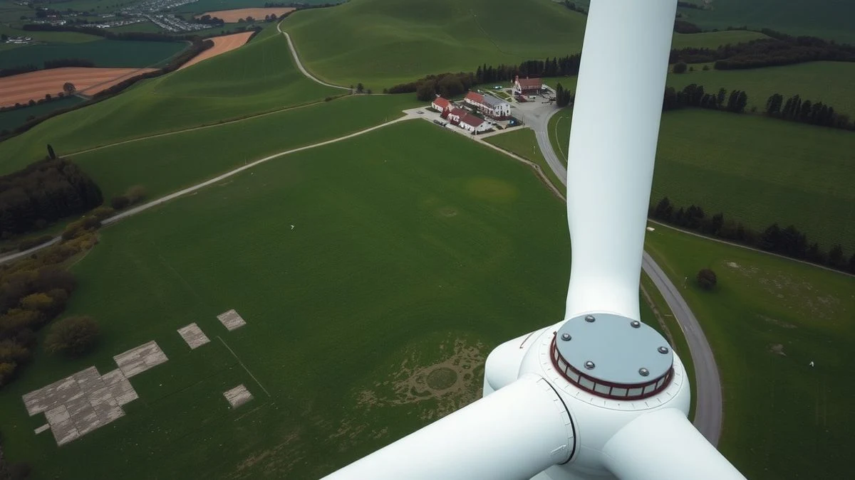 Imagen ilustrativa: vista aérea de un aerogenerador en un paisaje verde de Galicia con un pueblo al fondo