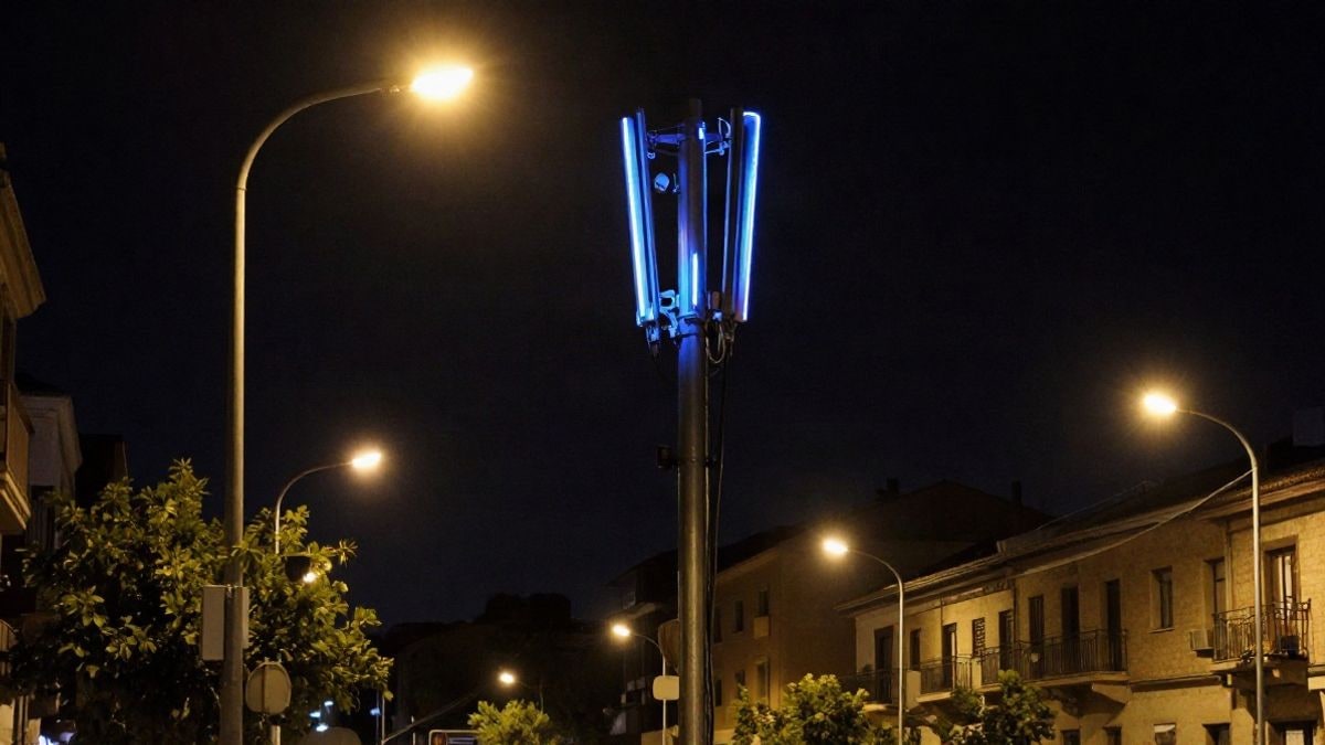 Imagen ilustrativa: escena nocturna con luces artificiales representando un concepto de telecomunicaciones, sin personas ni elementos identificables