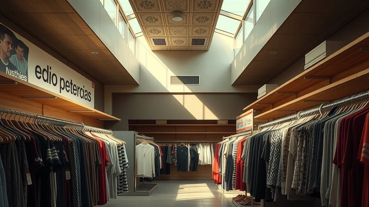 Imagen ilustrativa: interior de una tienda de ropa con estanterías y prendas colgadas, iluminada por luz lateral de ventana