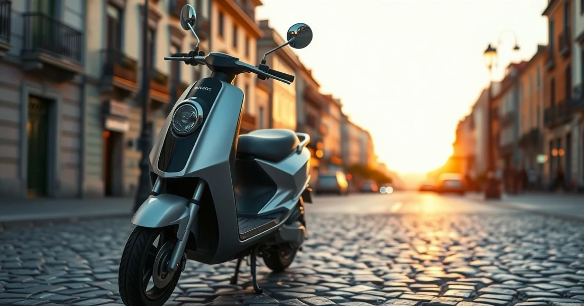 Scooter eléctrico plateado y negro aparcado en una calle adoquinada al atardecer en una ciudad española