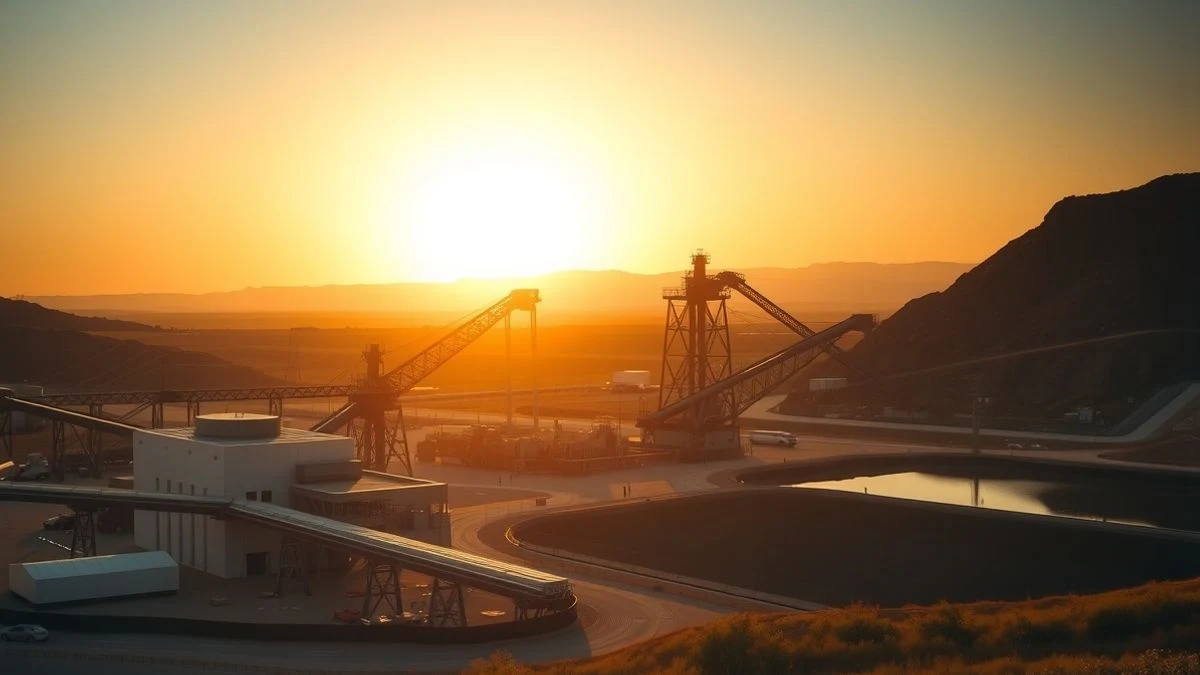 Complejo minero de Sandfire Matsa al atardecer con siluetas de plantas de tratamiento y cintas transportadoras.
