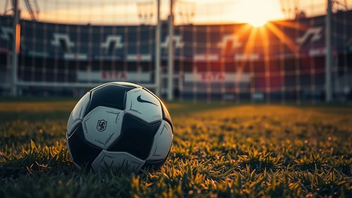 Balón de fútbol sobre el césped de un estadio al atardecer, con la red de la portería al fondo desenfocada