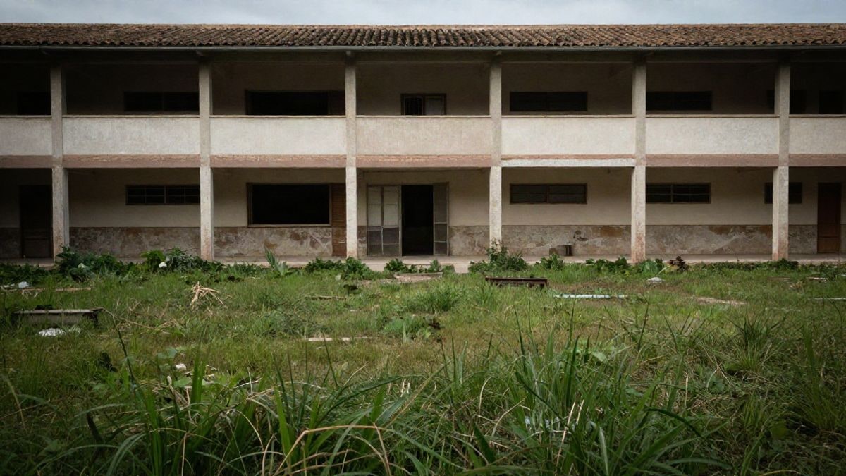 Imagen ilustrativa: un edificio escolar vacío y en abandono, con hierba crecida en el patio de recreo