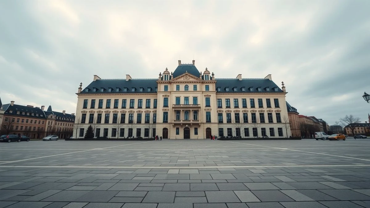 Fachada del edificio de Eurostat en Luxemburgo con plaza vacía y cielo nublado