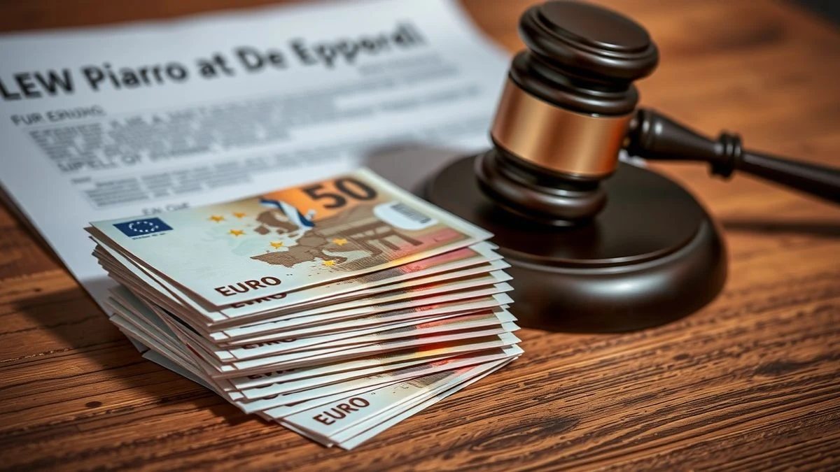 Primer plano de un fajo de billetes de euro sobre una mesa de madera, con un mazo y un documento legal al fondo, desenfocado