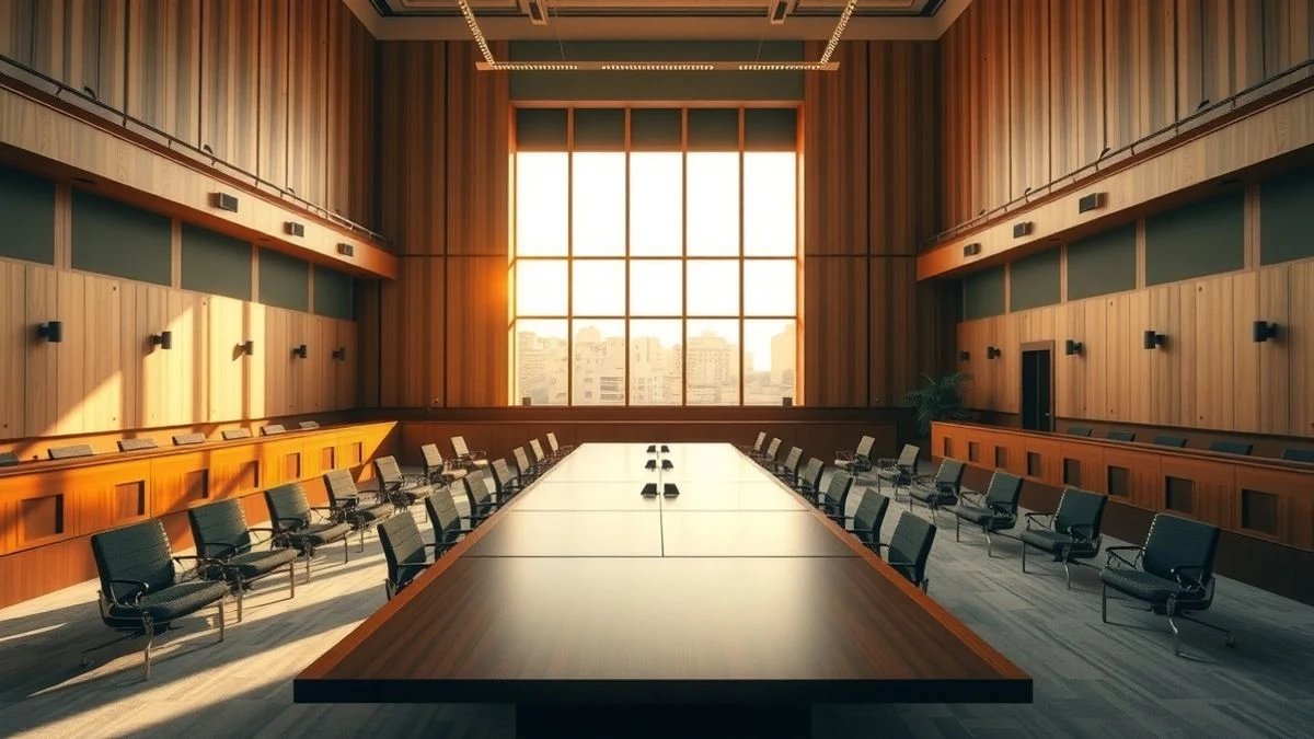Imagen ilustrativa: una sala de reuniones institucional vacía con luz natural que entra por grandes ventanales, en tonos cálidos.